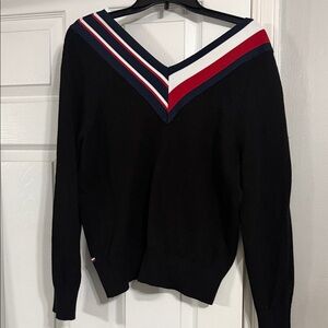 Tommy Hilfiger Black V-Neck Sweater with Red, White, and Blue Stripes